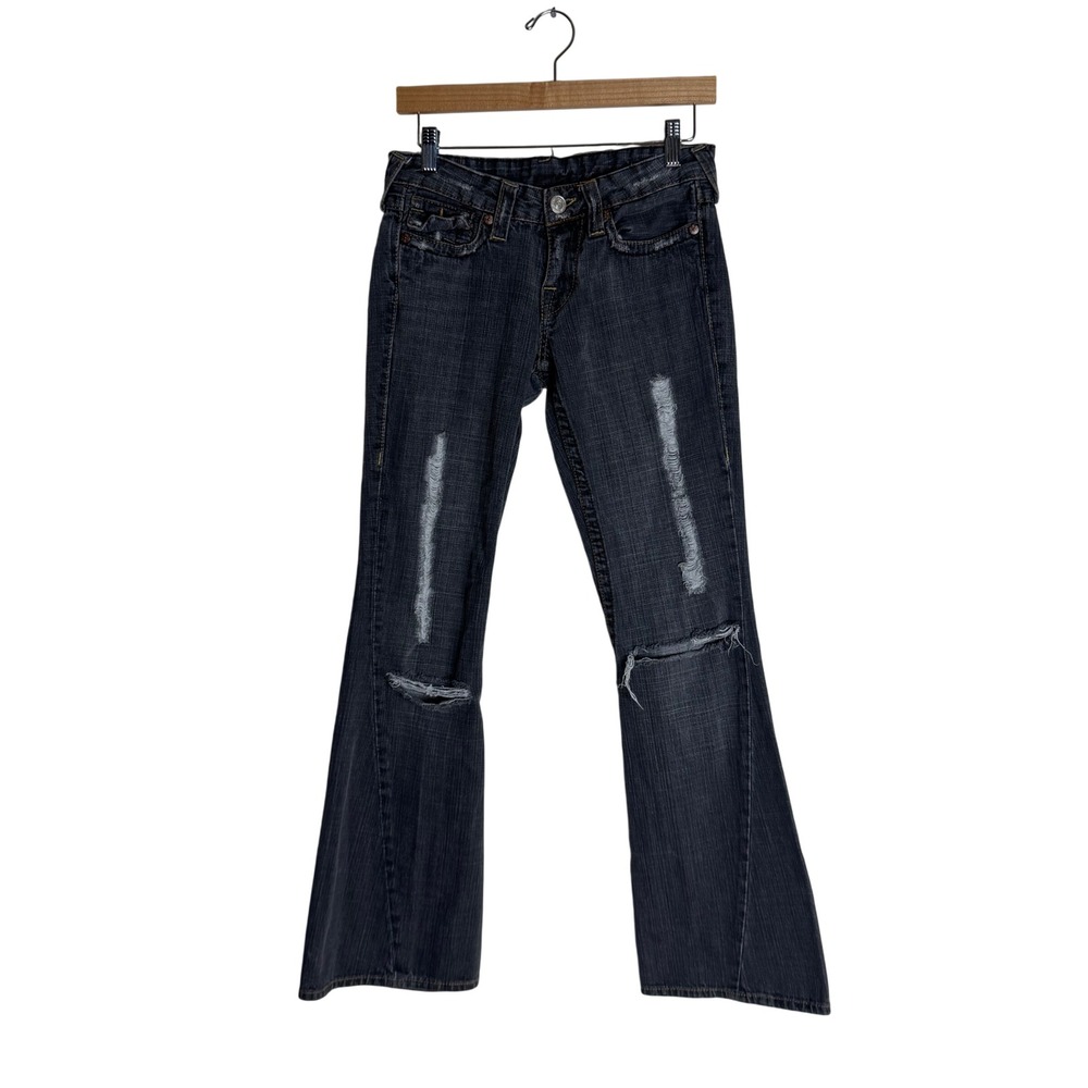True Religion Jeans Women's Joey Flare Distressed Low Rise Grey black Size 27